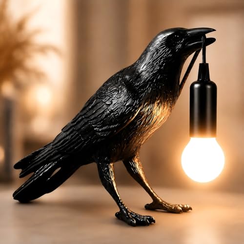 Raven Lamp Gothic Decor, Black Crow Table Lamp with LED Bulb, Unique Dark Aesthetic Night Light for Bedroom Desk, Halloween Home Decoration Gift
