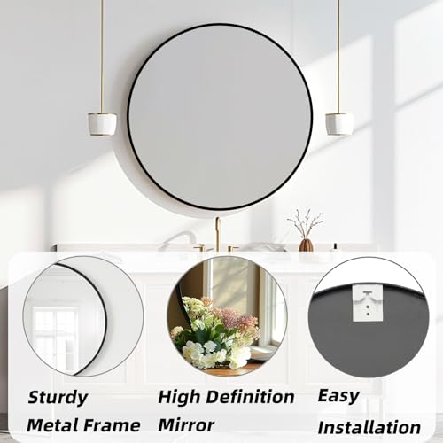 Round Mirror 30 inch, Black Round Mirror, Circle Wall Mirrors Metal Frame, Circle Mirrors for Bathroom, Living Room, Hallway, Vanity, Over Sink