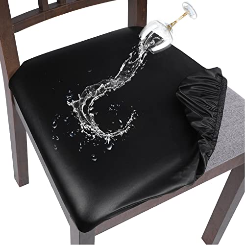 SearchI Waterproof PU Leather Seat Covers for Dining Chairs, 4 Pack Stretch Dining Room Chair Seat Covers, Kitchen Chair Seat Covers Protectors (Black)