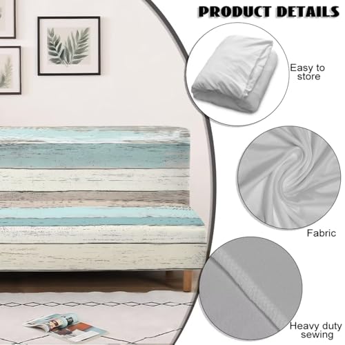 Decorative Armless Futon Cover Stretch Futon Sofa Bed Slipcover Machine Washable Printed Couch Cover Non-Slip Furniture Protector for Home Decor, Wood Grain Print White Blue