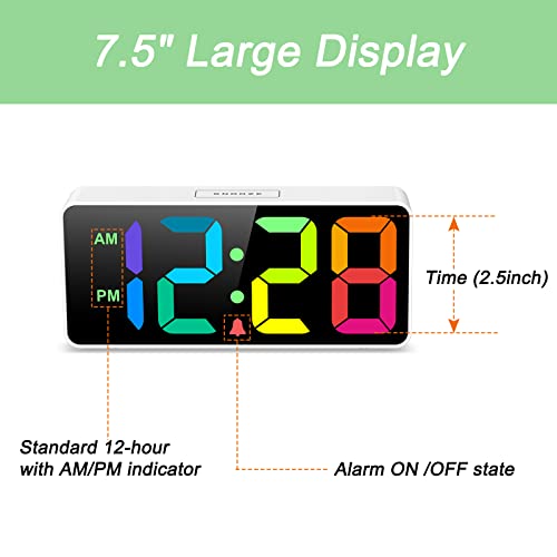 Welgo 7.5 Inches Large Digital Alarm Clock for Seniors & Kids, 0-100% Dimmable Display, USB Charging Port, Adjustable Volume, Easy Operation, Snooze, Outlet Powered for Bedroom