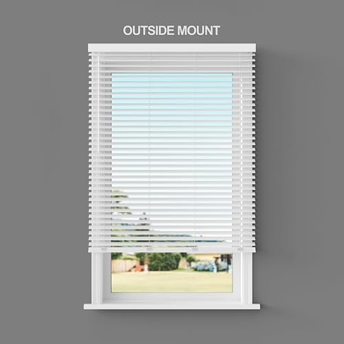 Lumino - 2" Cordless Flat Slat Faux Wood Window Blinds for Home - 34" W x 64" L - White, Faux Wood Blinds for Indoor Windows, Venetian Room Darkening Blinds