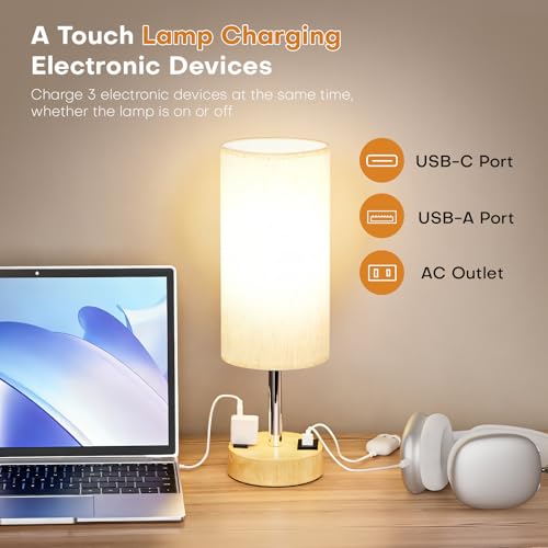 Bedside Table Lamp for Bedroom, 3-Way Dimmable Nightstand Lamp with USB C, USB A Ports & AC Outlet, Small Table Lamp Fabric Shade for Living Room Dorm Office, LED Bulb Included (14in Wood Grain)