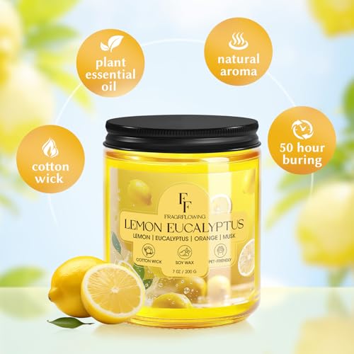 Lemon Eucalyptus Scented Candle, Natural Soy Wax Jar Candle for Home Scented, 100-Hour Burn Time Gifts for Women Men, 7 oz (2 Pack)