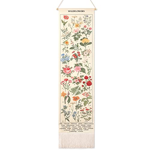 Geetery Vintage Floral Vertical Tapestry Wall Hanging Decor Long Flower Narrow Botanical Fabric Wall Art Hanging Reference Illustrative Tassel Tapestry for Bedroom Living Room Home Decor Gift(White)