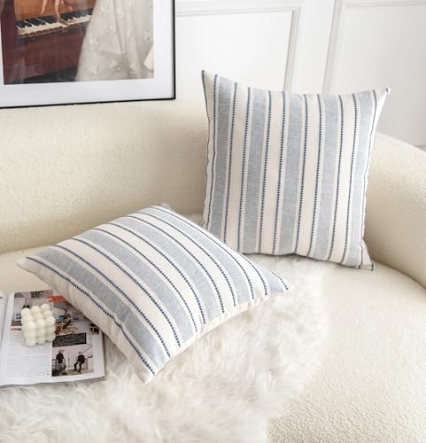 Cethom Decorative Boho Throw Pillow Covers, Farmhouse Textured Pillow Case, 18 x 18 Inch Set of 2, Chair Sofa Bedroom Living Room Home Decor Couch Cushion Case, Classic Blue and Beige Striped