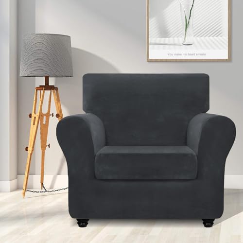 ZNSAYOTX Luxury Velvet Chair Slipcovers with Arm 2 Piece Stretch Chair Covers for Living Room Thick Soft Armchair Slipcover Anti Slip Pet Friendly Furniture Protector (Black),30"-47"(1 Cushion)
