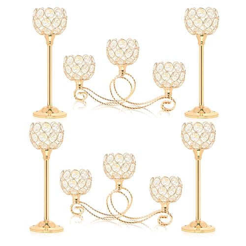 Gold Set of 6 Metal Crystal Tea Light Candle Holder, Elegant Wedding Table Centerpiece Candle Holder, Christmas Wishing Crystal Bowl Candle Holder Suitable for Wedding Party Living Room Decoration