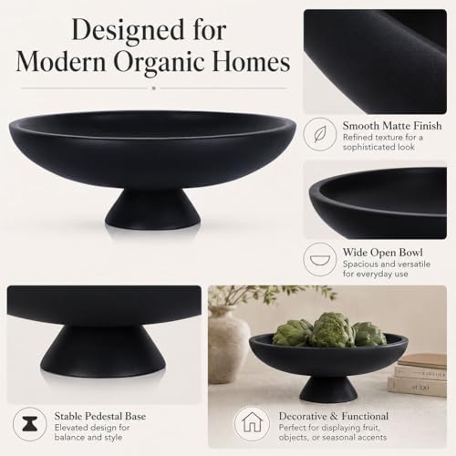QIANLING Large Black Decorative Bowl, Modern Resin Pedestal Fruit Bowl, Matte Footed Centerpiece for Kitchen Counter, Coffee Table, Entryway Key Catch All, Home Decor