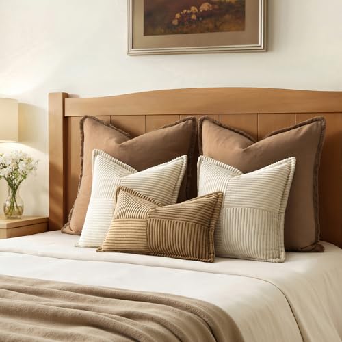 MIULEE Decorative Throw Pillow Covers for Couch Bed Livingroom 18x18 Inch Set of 2 Beige Boho Accent Throw Pllows Broadside Striped Patchwork Soft Corduroy Pillowcases