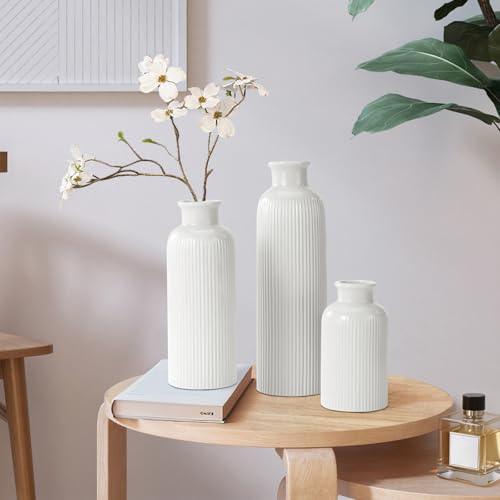 Small White Ceramic Vase Set of 3, Boho Modern White Flower Vase Room Decor, Farmhouse Decor, Vases for Your Kitchen, Bathroom, Bedroom, Living Room, Office&Shelf Centerpiece Table Decorations