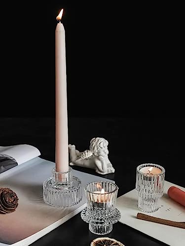 Vixdonos Glass Candlestick Holders Tealight Candle Holders for Table Centerpieces, Wedding Decor and Dinner Party (3 Pcs, Clear)