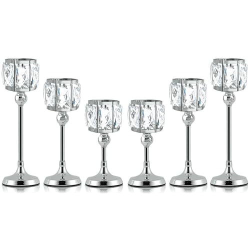 Crystal Tealight Candle Holders Set of 6 (9''/11''/13'') - Elegant Metal & Glass Centerpieces for Stunning Home Decor (Silver)