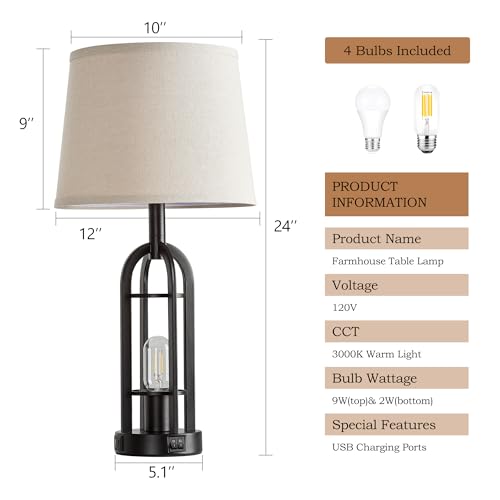 Black Table Lamps for Living Room Set of 2 - Farmhouse Lamps for Night Stands with USB A+C, Bedside Lamps for Bedroom, 24'' Industrial Lamp for Living Room End Tables
