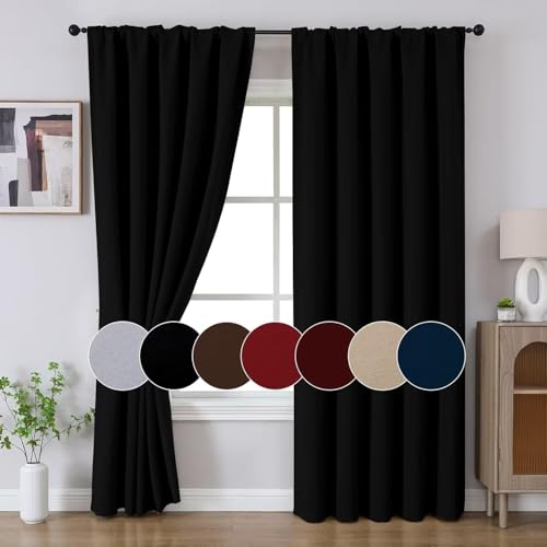 Joydeco Blackout Curtains for Bedroom, Black out curtains 96 inch long 2 Panels, Long Black Drapes with Rod Pocket Back Tab, Room Darkening Noise Reducing & Wrinkle-Free Drapes for Living Room Windows