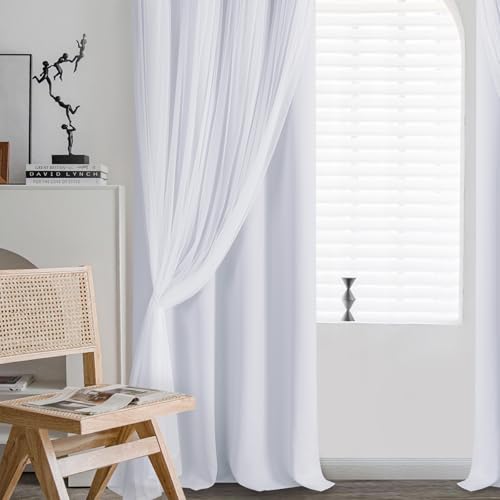 DWCN White Blackout Curtains with Sheer Overlay Thermal Insulated Mix & Match Double Layer Window Panels for Bedroom Living Room Drape Sewn with Tiebacks Grommet Top 52" Wx84 Lx2