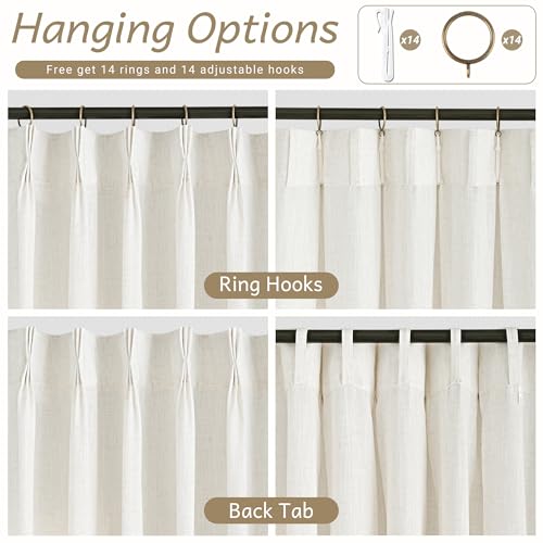 Triple Pinch Pleated 90 inch Long Linen Curtains 2 Panels Set for Living Room Track System Curtains Neutral Modern Farmhouse Light Filtering Semi Sheer Linen Blend Pinch Pleat Drapes 90 Length Cream