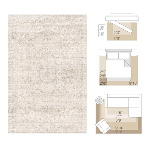 FMFUNCTEX 2x6 Hallway Runner Rug Beige Vintage Neutral Washable Distressed Non Slip Low Pile Indoor Carpet Soft Retro Entryway Rug for Kitchen Bathroom Laundry Entrance Living Room Bedroom Bedside