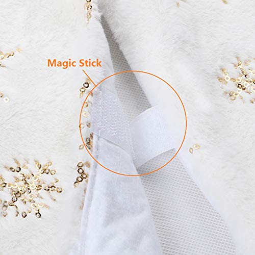 LOMOHOO Christmas Tree Skirt Large White&Gold Luxury Faux Fur with Snowflakes Tree Skirt Christmas Decorations Plush Tree Skirts Xmas Ornaments (36 inches/90cm)