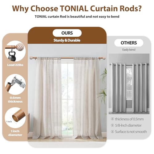 Wood Curtain Rods for Windows 66 to 120 Inches, TONIAL 1'' Adjustable 32-120 Inch Long Drapery Rod with Wood Grain Leaf Pattern Finials, Boho Decorative Style for Living Room, Bedroom, Outdoor, Brown