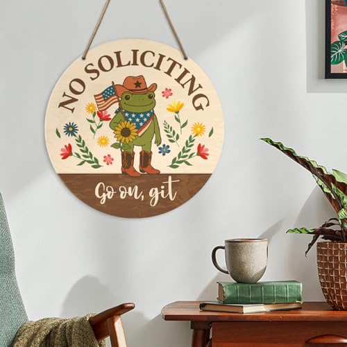 Funny Frog No Soliciting Sign for House Front Door, Go on Git, No Soliciting Wood Hanging Sign for Home Entryway Yard Wall
