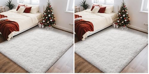 Ophanie White Rugs for Bedroom Fluffy, 4x6 Nursery Soft Fuzzy Shag Plush Shaggy Bedside Area Rug, Living Room Carpet for Girls Kids Baby Teen Dorm Home Decor Aesthetic (Pack of 2)