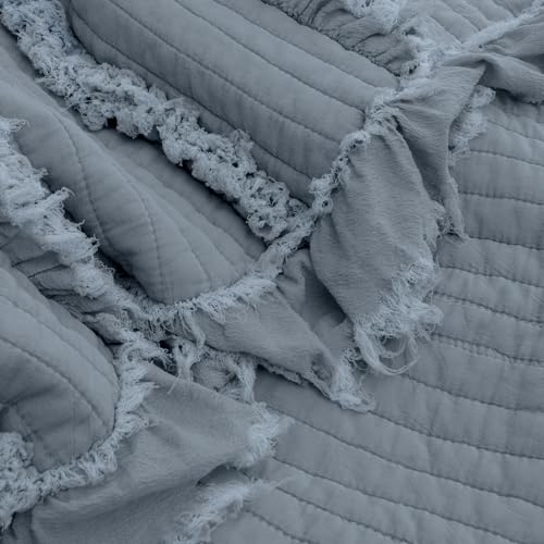 Ultra Soft Pre-Washed Quilted Boho Dark Blue King Size Blankets for Bed, Ruffle Fringed Decorative Throw, Stone Washed Chic Rustic Blanket for Sofa Couch Bed, 104"*90"