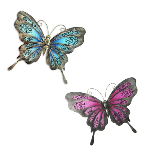 LIFFY Metal Butterfly Wall Decor,2Pack 12" Glass Butterfly Outdoor Wall Art Sculptures,Hanging Garden Decor Outside for Home,Yard,Fence,Patio