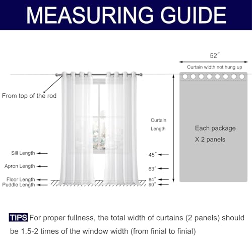 DWCN White Sheer Curtains Linen Look Semi Transparent Voile Grommet White Curtains for Living Dining Room Drapes 52 x 84 Inch Long, Set of 2 Panels