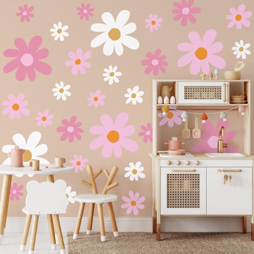 TaoBary 12 Sheet Daisy Wall Sticker Decal Removable Cute Daisy Bedroom Room Decor Flower Wall Sticker Pink White Flower Decal Wallpaper Peel and Stick for Nursery Home(Pink Color,Vibrant Style)