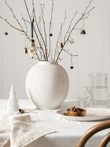 White Ceramic Vase - Large 10.8 Inch Round Floor Vase for Centerpieces, Farmhouse Flower Vases, Rustic Minimalist Home Decor (Sandstone White)