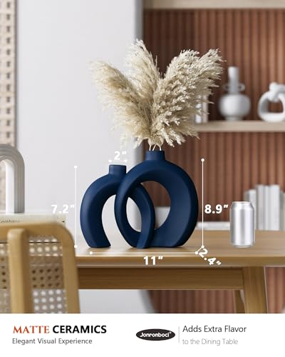 Blue Vase Set of 2 - Donut Navy Vases Home Decor, Modern Coastal Decor - Decorative Vase, Ceramic Decorations for Living Room Coffee Table Bookshelf Shelf Console Mantle (Matte Navy Blue)