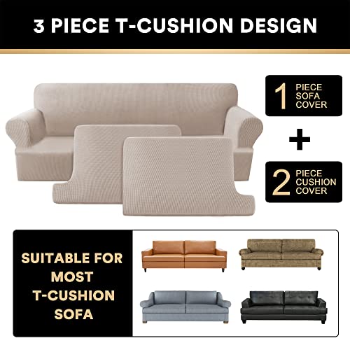 PrinceDeco T Cushion Sofa Slipcover 3 Pieces Sofa Covers for T Cushion Couch Soft Couch Covers Sofa Slip Cover Furniture Covers with 2 Individual T Shape Seat Covers Width Up to 88", Sand
