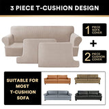 PrinceDeco T Cushion Sofa Slipcover 3 Pieces Sofa Covers for T Cushion Couch Soft Couch Covers Sofa Slip Cover Furniture Covers with 2 Individual T Shape Seat Covers Width Up to 88", Sand