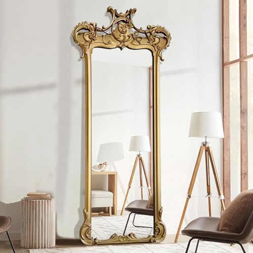 Arched Full Length Mirror, Full Body Mirror Freestanding with Carved, Large Floor Mirrors for HomeDecor, Standing Mirrors for Bedroom&Dressing Room gold-80 * 180CM