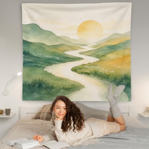 WNAGT Mental Health Sun Mountain Tapestry Wall Hanging 50x60 Inch | Motivational Give Yourself Time Wall Tapestry for Home Bedroom Living Room Therapy Office Decor