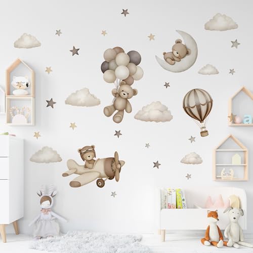 Teddy Bear Wall Decals - Cartoon Bear Air Balloon Star Moon Cloud Wall Stickers for Kids Room Girls and Boys Bedroom Baby Room Nursery Decoration (Coffee Brown Bear Wall Decal)