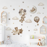 Teddy Bear Wall Decals - Cartoon Bear Air Balloon Star Moon Cloud Wall Stickers for Kids Room Girls and Boys Bedroom Baby Room Nursery Decoration (Coffee Brown Bear Wall Decal)