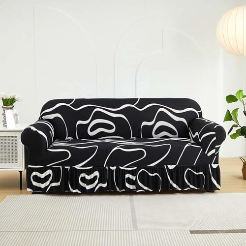 Stretch Sofa Cover, High Elastic Fabric 1 2 3 4 Seater Couch Slipcover, Machine Washable Sofa Cover Universal Non Slip Couch Cover with Skirt (F,1 Seater/35-55in)