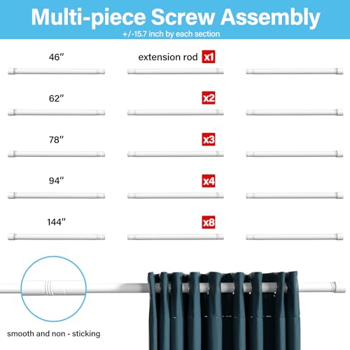Long Curtain Rod for Windows 144 Inch - 1 inch Heavy Duty White Curtain Rods with 4 Brackets for Living Room Sliding Glass Door Outdoor, Adjustable Threaded Sections