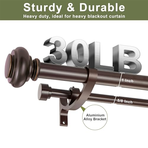 Double Curtain Rods 36 to 72 Inches with Solid Aluminum Alloy Brackets, 1 Inch Adjustable Drapery Rod, Heavy Duty Dual Curtains Rod for Window, Sliding Door, Bedroom Decoration, Matte Brown