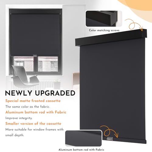 Persilux Cordless Blackout Roller Shades with Valance, Thermal Insulated Fabric Window Blinds, Free-Stop Shades for Home, Door and Bedroom (Black, 34.5"W x 64"H)