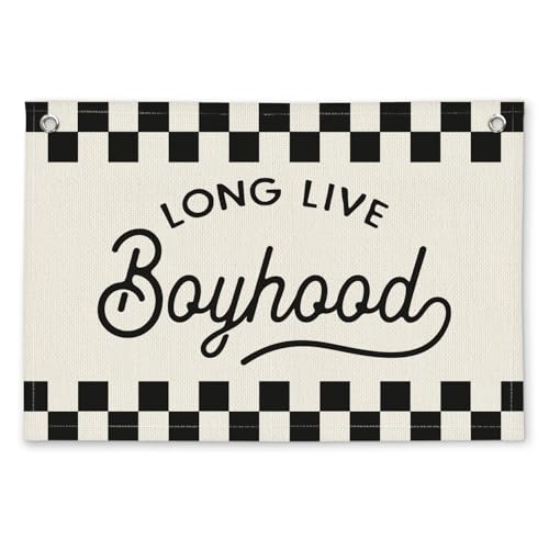 Long Live Boyhood Black and White Checkered Boys Room Decor - Cars Room Decor Linen Banner Wall Hanging Canvas Banner Flag Decor for Toddler Boy Bedroom Nursery Playroom Birthday Party