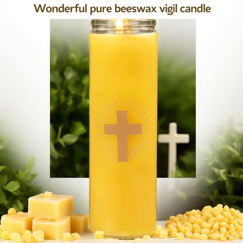 Pure Beeswax Prayer Candles - 7 Day Devotional Candles in Glass with 100 Hours Long Burn Time, Honey Fragrance Religious Candles Catholic for Memorials, Vigil, Church