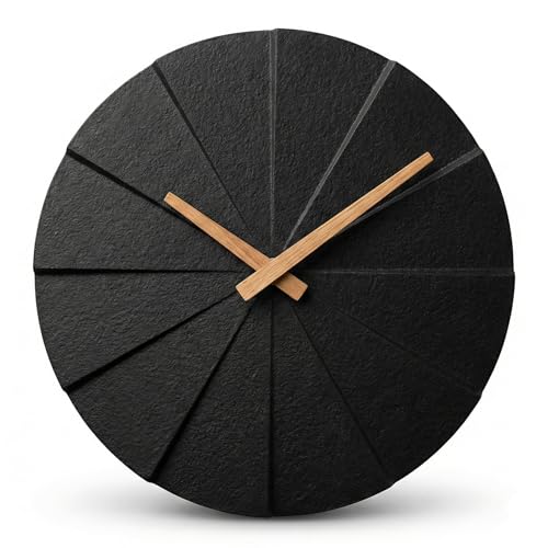 Driini Staircase Modern Wall Clock - Unique Frameless Concrete Design - Contemporary, Minimalist Decor; No Numbers - Silent Battery Operated Clocks with Decorative Wooden Hands (Black + Oak, 10.5″)