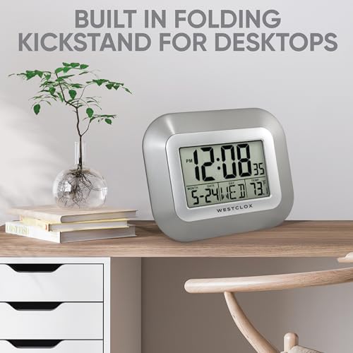 Westclox Large Digital Wall Clock with Date, Day & Temperature – Battery Operated Digital Clock with Alarm & Snooze, 12/24 Hour Display, Stylish Wall or Desk Clock for Home, Office & Bedroom (Gray)