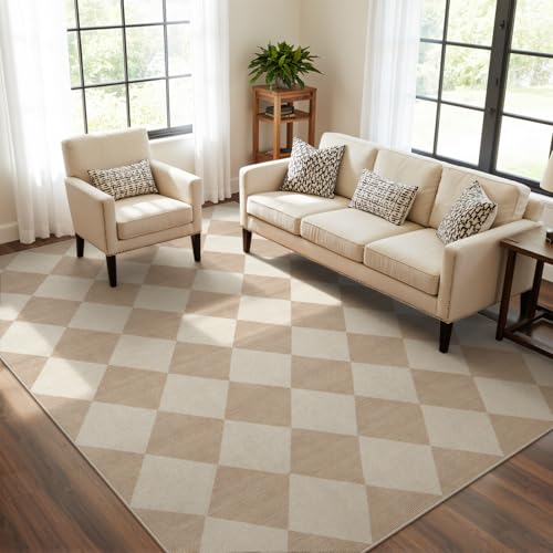 Checkered Print Living Room Rugs 8x10, Moroccan Beige Washable Area Rug 8X 10 Non Slip Soft Bedroom Carpet, Geometric Plaid Aesthetic Decor Ultra Thin Large Carpet for Dining Room Office