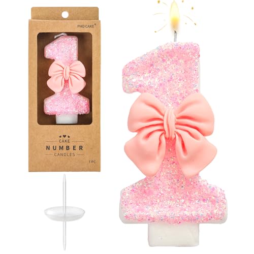 PHD CAKE Number 1 Pink Bowknot Birthday Candles, Cute Themed Number Candles, Party Celebration