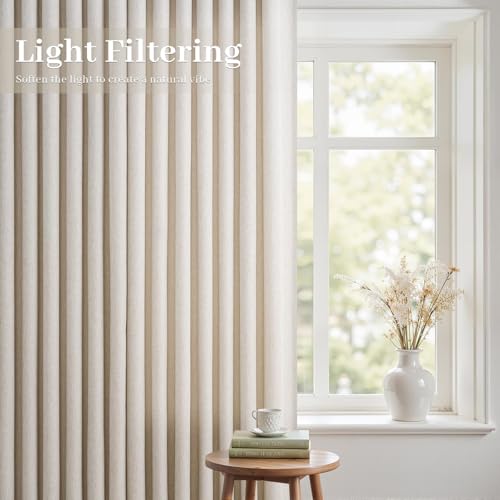 Natural Pinch Pleated Curtains 84 Inch Length 2 Panels for Living Room Bedroom Linen Textured Semi Sheer Privacy Window Curtain Boho Neutral Back Tab Pinch Pleat Drape with Hooks Rings 84 Inches Long