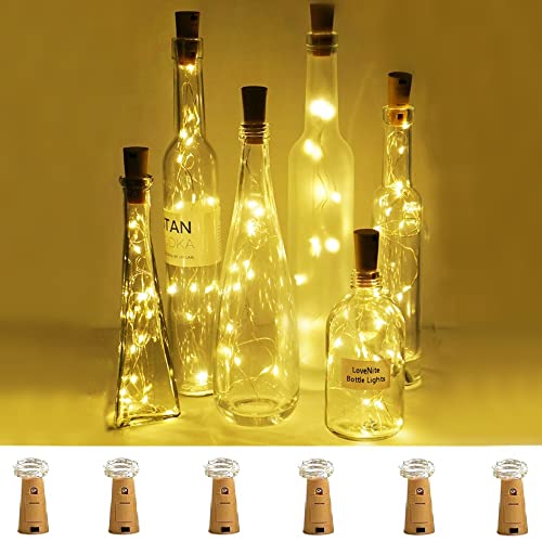 Wine Bottle Lights with Cork, 6 Pack Battery Operated 15 LED Cork Shape Silver Wire Colorful Fairy Mini String Lights for DIY, Party, Decor, Christmas, Halloween,Wedding (Warm White)